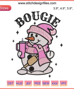 Bougie Snowman Embroidery Design: Adorable Christmas digital stitching, chic snowman with hat & scarf, perfect for holiday decor.