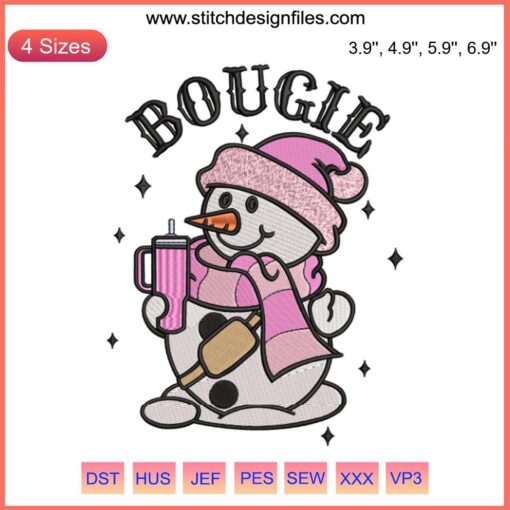 Bougie Snowman Embroidery Design: Adorable Christmas digital stitching, chic snowman with hat & scarf, perfect for holiday decor.