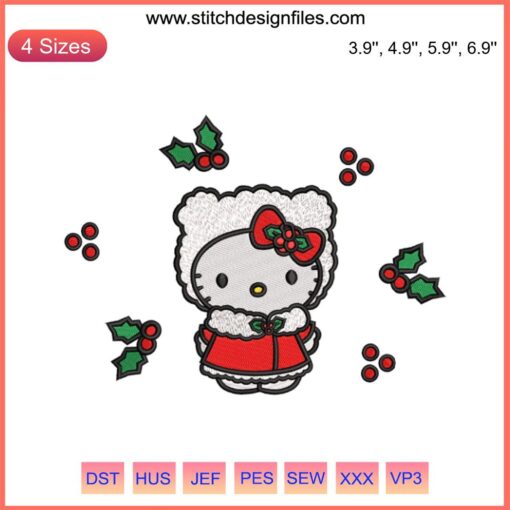 Hello Kitty Christmas Embroidery Design with Santa Hat | Cute Festive Digital Stitching Pattern for Holiday Projects