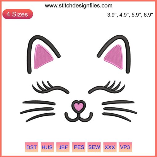 Cute Cat Face Embroidery Design, Digital Stitching Pattern, Feline Face Outline, Sewing Crafts, Kitty Design Download
