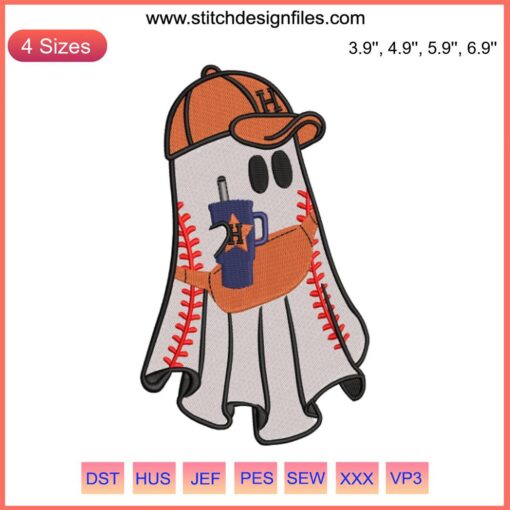 Halloween Astros Boujee Stanley Ghost Embroidery Design featuring baseball elements, perfect digital stitching project.