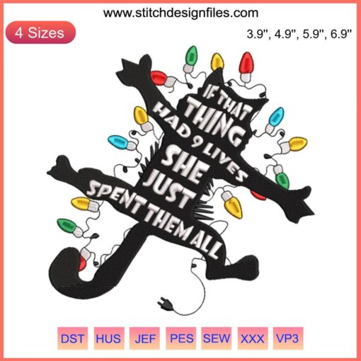 Festive Christmas Cat Embroidery Design with 9 Lives Theme, Perfect for Digital Stitching Holiday Projects and Decor.