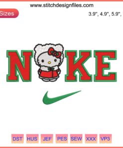 Nike Hello Kitty Christmas Embroidery Design featuring Hello Kitty in festive attire, perfect for cute digital stitching projects.