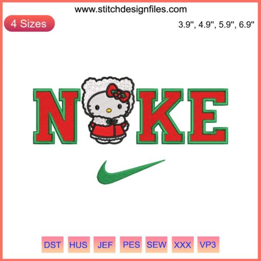 Nike Hello Kitty Christmas Embroidery Design featuring Hello Kitty in festive attire, perfect for cute digital stitching projects.