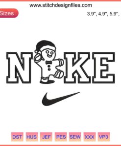Nike Gingerbread Christmas Embroidery Design featuring festive gingerbread with Nike swoosh, perfect for holiday digital stitching.