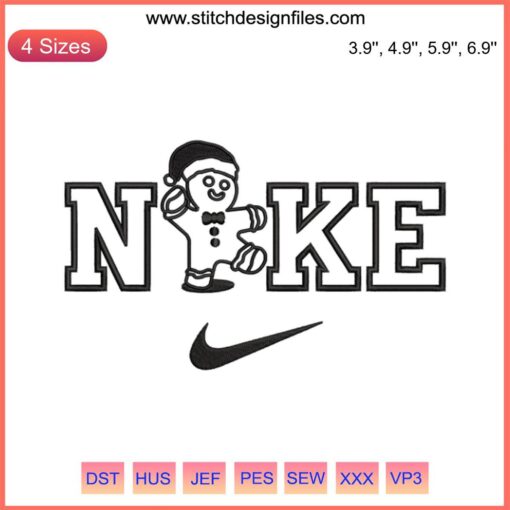 Nike Gingerbread Christmas Embroidery Design featuring festive gingerbread with Nike swoosh, perfect for holiday digital stitching.