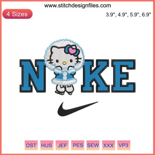 Nike Hello Kitty Winter Skating Embroidery Design: Cute Christmas stitching featuring Hello Kitty skating in festive attire.