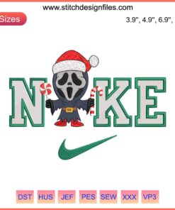 Nike Ghostface Xmas Embroidery Design: Christmas meets Halloween; spooky Ghostface in Santa hat for digital stitching.