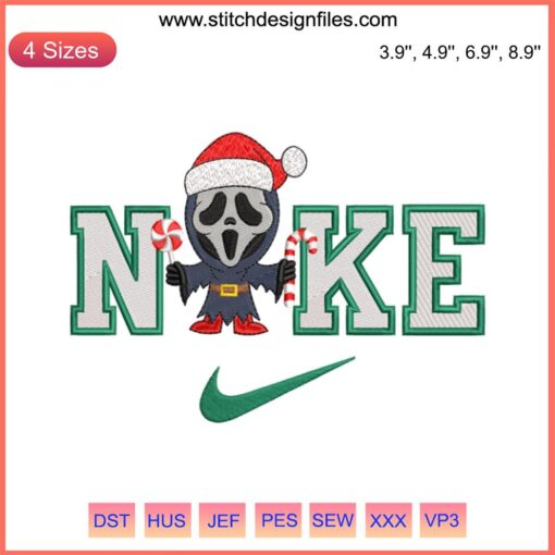 Nike Ghostface Xmas Embroidery Design: Christmas meets Halloween; spooky Ghostface in Santa hat for digital stitching.