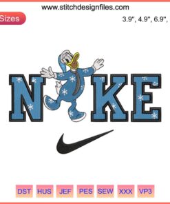 Donald Duck in pajamas embroidery design, Disney Christmas digital stitching, Nike style, festive cartoon pattern.