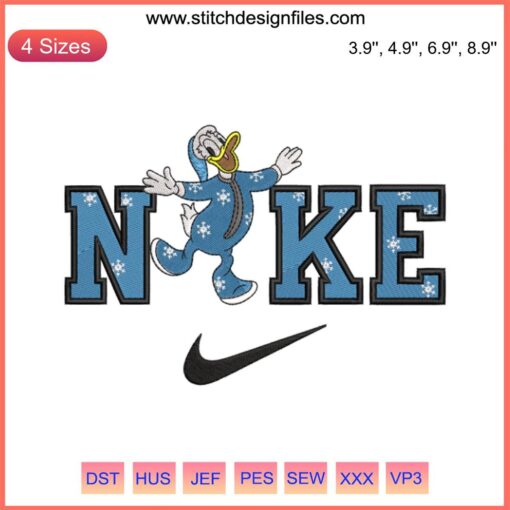 Donald Duck in pajamas embroidery design, Disney Christmas digital stitching, Nike style, festive cartoon pattern.