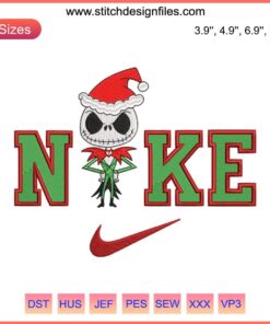 Jack Skellington Nike Christmas Halloween Embroidery Design, digital stitching, festive sportswear, unique holiday pattern.