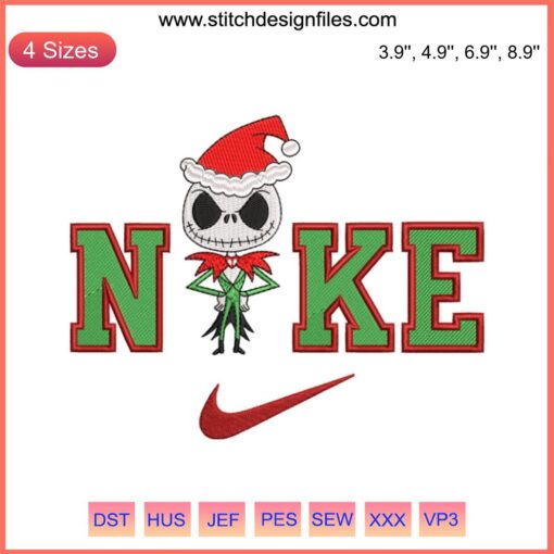 Jack Skellington Nike Christmas Halloween Embroidery Design, digital stitching, festive sportswear, unique holiday pattern.