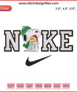 Nike Snoopy and Woodstock Xmas Embroidery Design featuring festive digital stitching of beloved Snoopy and Woodstock in Christmas attire.