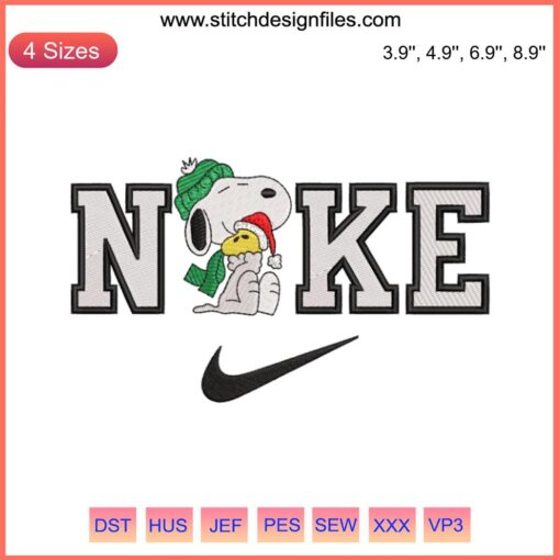 Nike Snoopy and Woodstock Xmas Embroidery Design featuring festive digital stitching of beloved Snoopy and Woodstock in Christmas attire.