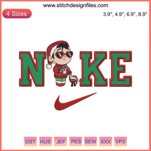 Nike Baby Benito Christmas Embroidery Design featuring Bad Bunny with festive elements, ideal for holiday digital stitching projects.