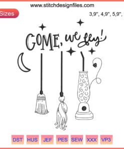 "Hocus Pocus Witch Embroidery File | PES Format 'Come We Fly' Design | Halloween Digitizing Pattern"