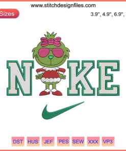 Nike Grinch Girl Xmas Embroidery Design featuring Grinch Couple Christmas Digital Stitching in festive colors.
