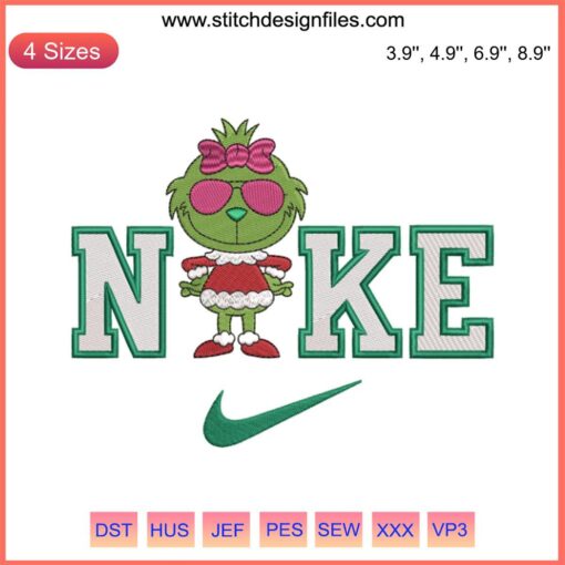 Nike Grinch Girl Xmas Embroidery Design featuring Grinch Couple Christmas Digital Stitching in festive colors.