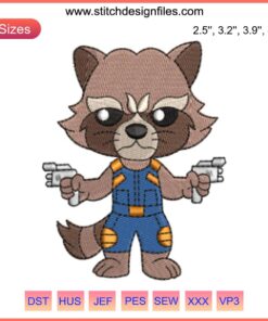 Marvel Rocket Raccoon Embroidery Design featuring intricate digital stitching with vibrant colors, perfect for sewing enthusiasts.