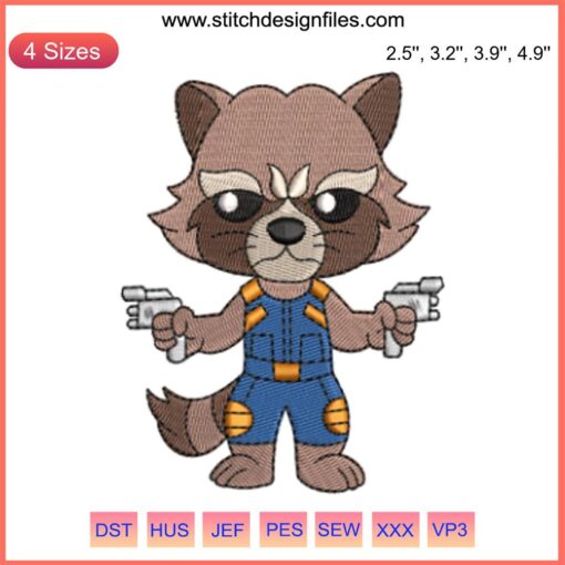 Marvel Rocket Raccoon Embroidery Design featuring intricate digital stitching with vibrant colors, perfect for sewing enthusiasts.