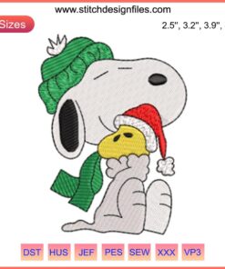 Snoopy and Woodstock in Santa hats, festive embroidery design | Peanuts Christmas Digital Stitching, holiday pattern.