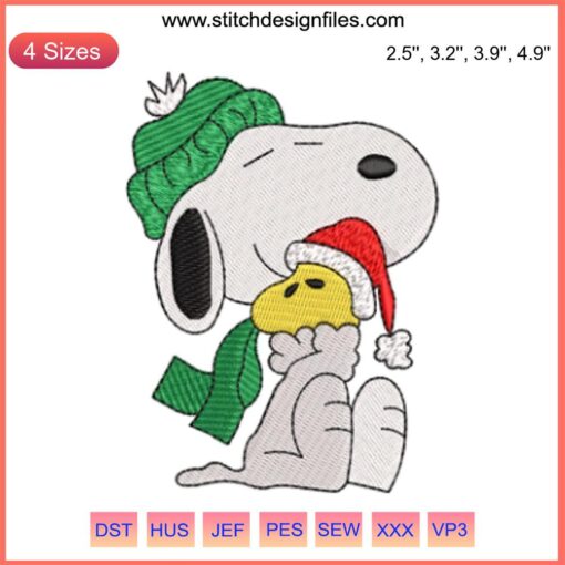 Snoopy and Woodstock in Santa hats, festive embroidery design | Peanuts Christmas Digital Stitching, holiday pattern.