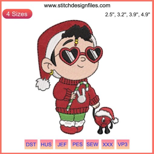 Baby Benito and Bad Bunny Christmas Embroidery Design: Adorable digital stitching, cute holiday theme, vibrant festive colors.