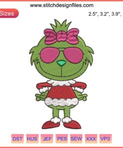 Grinch Girl Embroidery Design: Festive Grinch boy-girl duo, Christmas-themed digital stitching, vibrant holiday decor pattern.