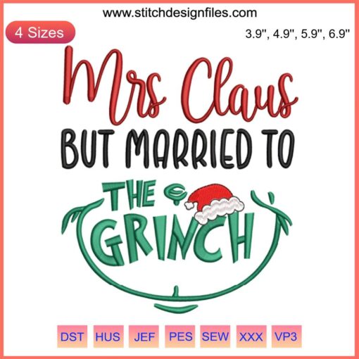 Mrs Claus weds Grinch embroidery design, Christmas stitching, festive digital pattern, holiday craft, unique holiday decor.