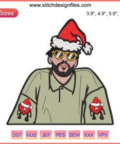 Bad Bunny Santa Hat Embroidery Design Un Navidad sin ti Christmas Digital Stitching, festive holiday pattern with iconic bunny features.