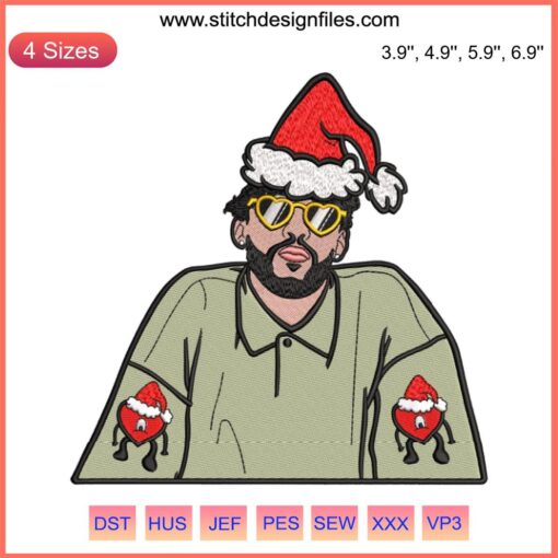Bad Bunny Santa Hat Embroidery Design Un Navidad sin ti Christmas Digital Stitching, festive holiday pattern with iconic bunny features.