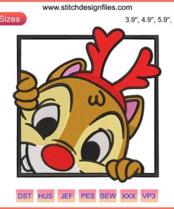 Adorable Chip and Dale Christmas embroidery design featuring chipmunk couple in festive attire, perfect for digital stitching projects.