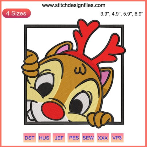 Adorable Chip and Dale Christmas embroidery design featuring chipmunk couple in festive attire, perfect for digital stitching projects.