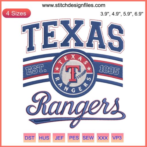 "Texas Rangers Est. 1935 Embroidery Design featuring MLB Baseball Team Logo, perfect for digital stitching projects."