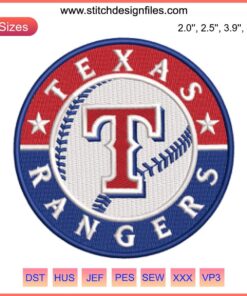 Texas Rangers Logo Embroidery Design: Baseball-themed digital stitching perfect for apparel customization.