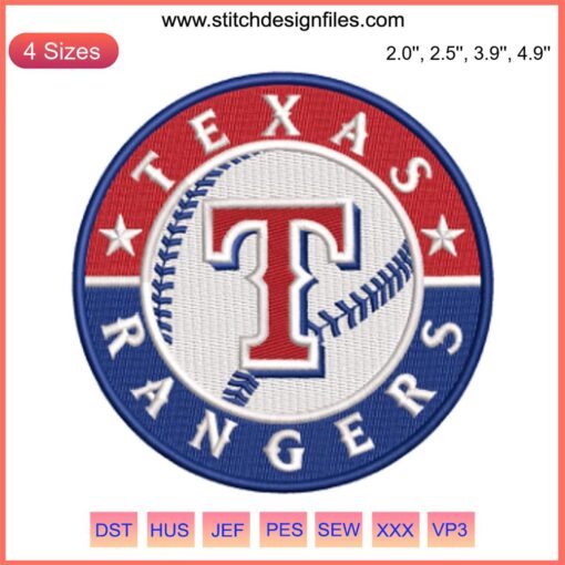 Texas Rangers Logo Embroidery Design: Baseball-themed digital stitching perfect for apparel customization.