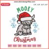 "Mooey Christmas Cow Embroidery Design: Festive cow wearing a Santa hat, digital stitching, perfect for holiday crafts."