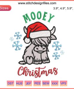 "Mooey Christmas Cow Embroidery Design: Festive cow wearing a Santa hat, digital stitching, perfect for holiday crafts."