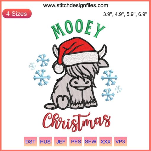 "Mooey Christmas Cow Embroidery Design: Festive cow wearing a Santa hat, digital stitching, perfect for holiday crafts."