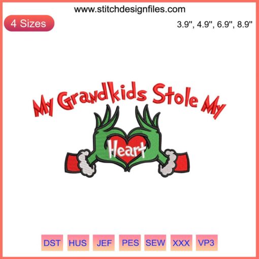 Embroidery design saying "My Grandkids Stole My Heart" perfect for Christmas family gifts, digital stitching pattern.