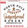 North Pole Gingerbread Bakery Embroidery Design featuring festive gingerbread house with Christmas elements, digital stitching.