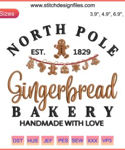 North Pole Gingerbread Bakery Embroidery Design featuring festive gingerbread house with Christmas elements, digital stitching.
