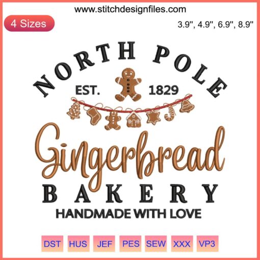 North Pole Gingerbread Bakery Embroidery Design featuring festive gingerbread house with Christmas elements, digital stitching.