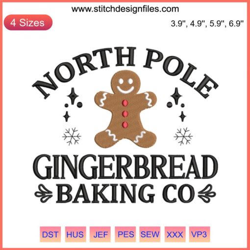North Pole Gingerbread Baking Co Embroidery Design featuring festive gingerbread, Christmas-themed digital stitching pattern.