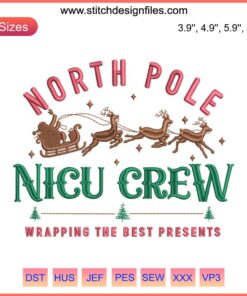 Festive NICU Nurse Embroidery Design with North Pole Crew, Red-White Stitching, Christmas-Themed, Perfect for Holiday Crafting.
