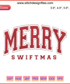 Merry Swiftmas Embroidery Design featuring Taylor Swift-themed Christmas digital stitching pattern with festive elements.