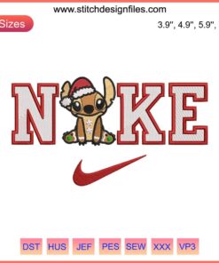 Nike Christmas Gingerbread Stitch Embroidery Design featuring Disney elements, festive red and green accents, perfect for holiday stitching.