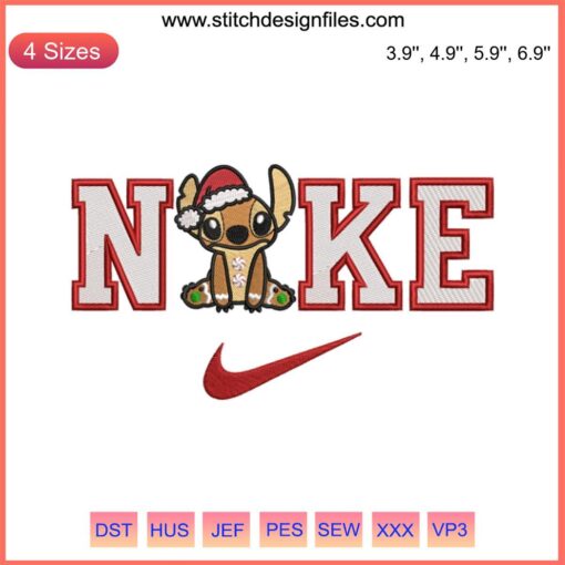 Nike Christmas Gingerbread Stitch Embroidery Design featuring Disney elements, festive red and green accents, perfect for holiday stitching.