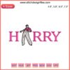 Embroidery pattern featuring Harry Styles' silhouette, trendy musical theme, digital stitching, vibrant colors, stylish design.